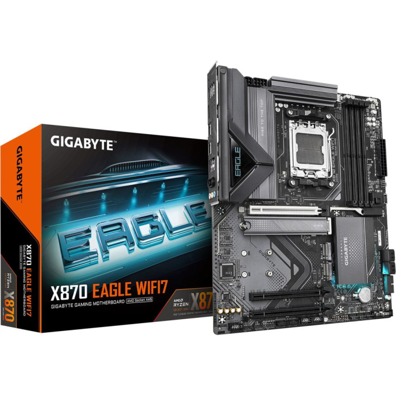 Gigabyte X870 EAGLE WIFI7 Motherboard - Supports AMD Ryzen 9000 CPUs, 14+2+2 phases VRM, up to 8000MHz DDR5 (OC), 1xPCIe 5.0 + 2xPCIe 4.0, Wi-Fi 7, 2.5GbE LAN, USB 4