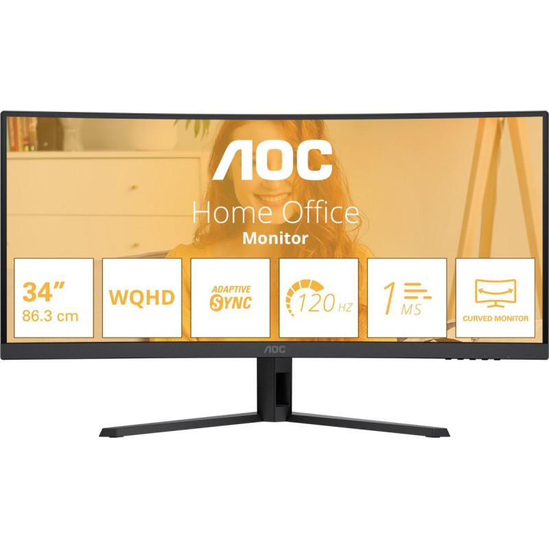 AOC Monitor AOC Basic-line CU34B3E - B3 Series - LED-Monitor - zakrzywiony - 86.36 cm (34'') - 3440 x 1440 WQHD @ 120 Hz - VA - 300 cd/m2 - 3500:1 - HDR10 - 1 ms - HDMI, DisplayPort - czarny