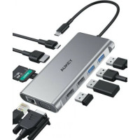 Aukey Hub USB-C CB-C89 Aluminium | 10w1 | RJ45 Ethernet 10/100/1000Mbps | 4xUSB | HDMI 4k@30Hz | SD i microSD | USB-C Power Delivery 100W