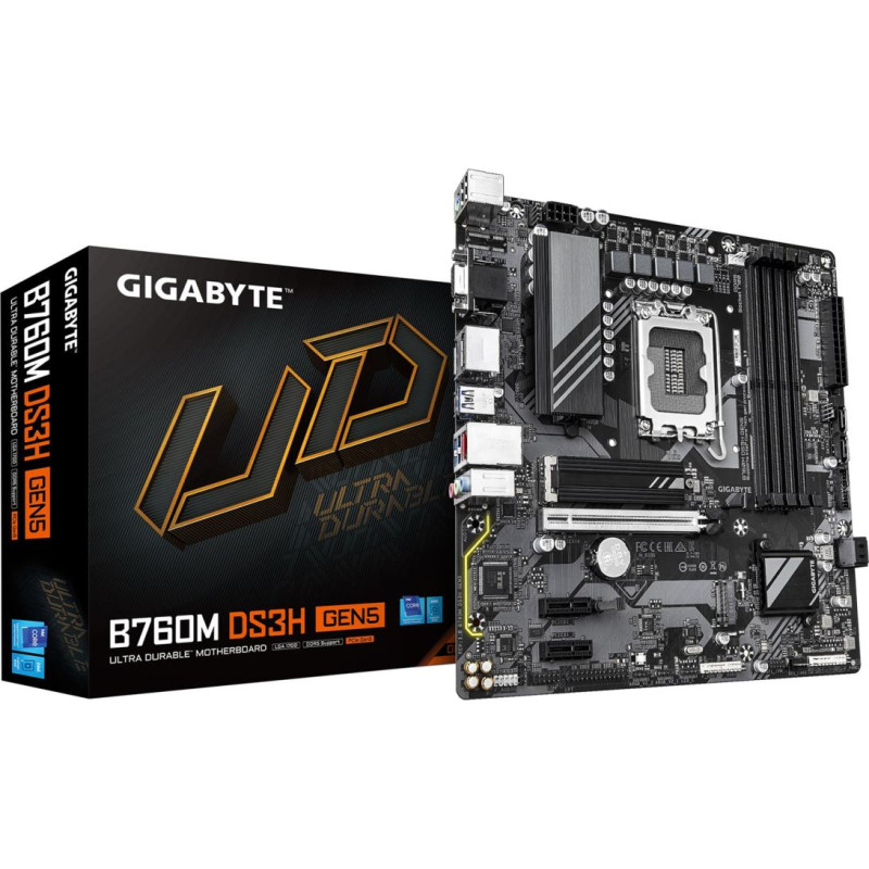 Gigabyte B760M DS3H GEN5 Motherboard - Supports Intel Core 14th Gen CPUs, 6+2+1 Phases Digital VRM, up to 5600MHz DDR5, 2xPCIe 4.0 M.2, 2.5GbE LAN, USB 3.2 Gen2