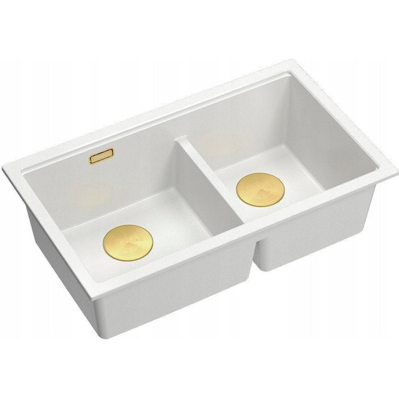 Graniteq QUADRON | LOGAN 120 | granitowy zlewozmywak kuchenny SNOW WHITE + ZŁOTO PVD | wymiar: 76 x 45 x 23,5 cm | 2-komorowy podwieszany | podbudowa szafki od: 80 cm