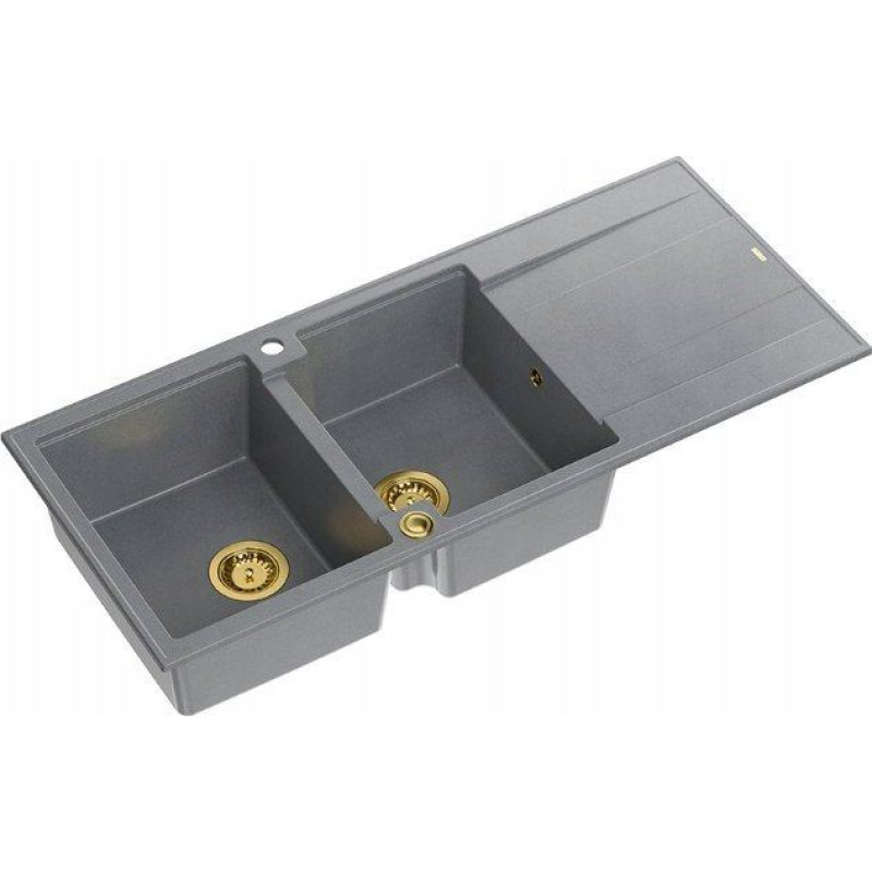 Graniteq Zlewozmywak GraniteQ EVAN 121 zlewozmywak z syfonem Push To Open 2-komorowy z/o (1160x500x210, kom. 420x340) silver stone / elementy złote