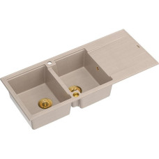 Graniteq Zlewozmywak GraniteQ EVAN 121 zlewozmywak z syfonem Push To Open 2-komorowy z/o (1160x500x210, kom. 420x340) pearl beige / elementy złote