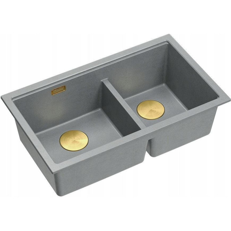 Graniteq QUADRON | LOGAN 120 | granitowy zlewozmywak kuchenny SILVER STONE + ZŁOTO PVD | wymiar: 76 x 45 x 23,5 cm | 2-komorowy podwieszany| podbudowa szafki od: 80 cm