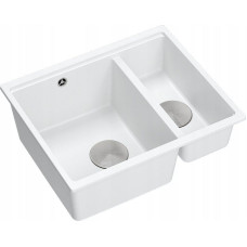Graniteq Zlewozmywak GraniteQ QUADRON | LOGAN 150 | granitowy zlewozmywak kuchenny BIAŁY + STAL | wymiary: 56 x 46 x 22 cm | 1,5-komorowy podwieszany| podbudowa szafki od: 60 cm