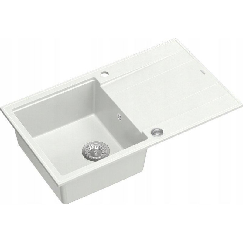 Graniteq Zlewozmywak GraniteQ EVAN 111 GraniteQ zlewozmywak z syfonem Push 2 Open 1-komorowy z/o (860x500x210) snow white / elementy stalowe