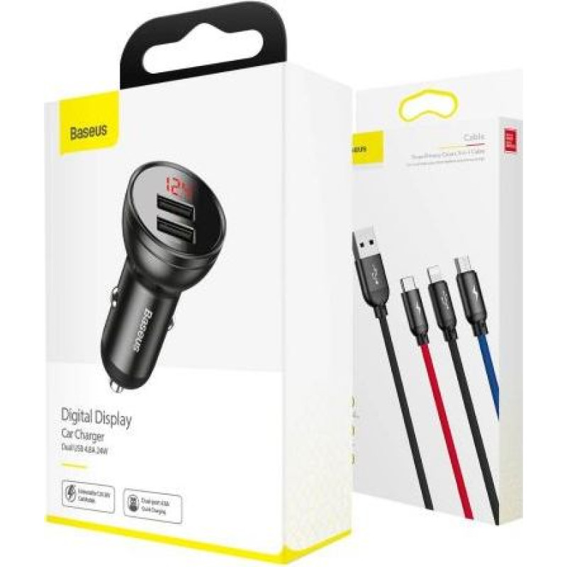 Baseus Car Charger Digital Display 2xUSB with 3-in-1 Cable 1.2m, 24W 4.8A, Black/Gray (TZCCBX-0G)