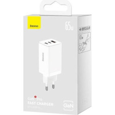 Baseus Travel Charger GaN5 Pro Fast wall charger, C+C+U, QC, AFC, PD 65W with Type-C to Type-C (100W) 1m, White EU (CCGP120202)